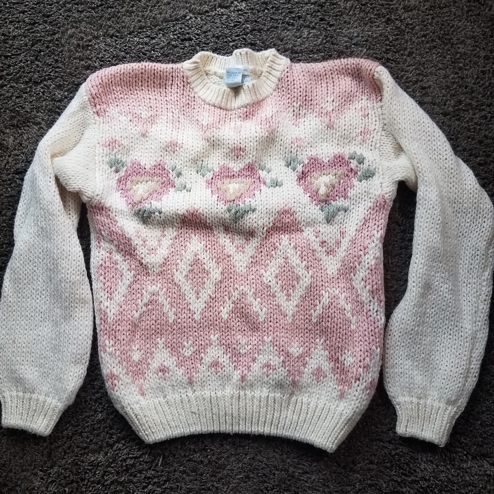 Vintage Jamie Scott Hand Knit Pullover Sweater‎ Button Pink Heart Timeless